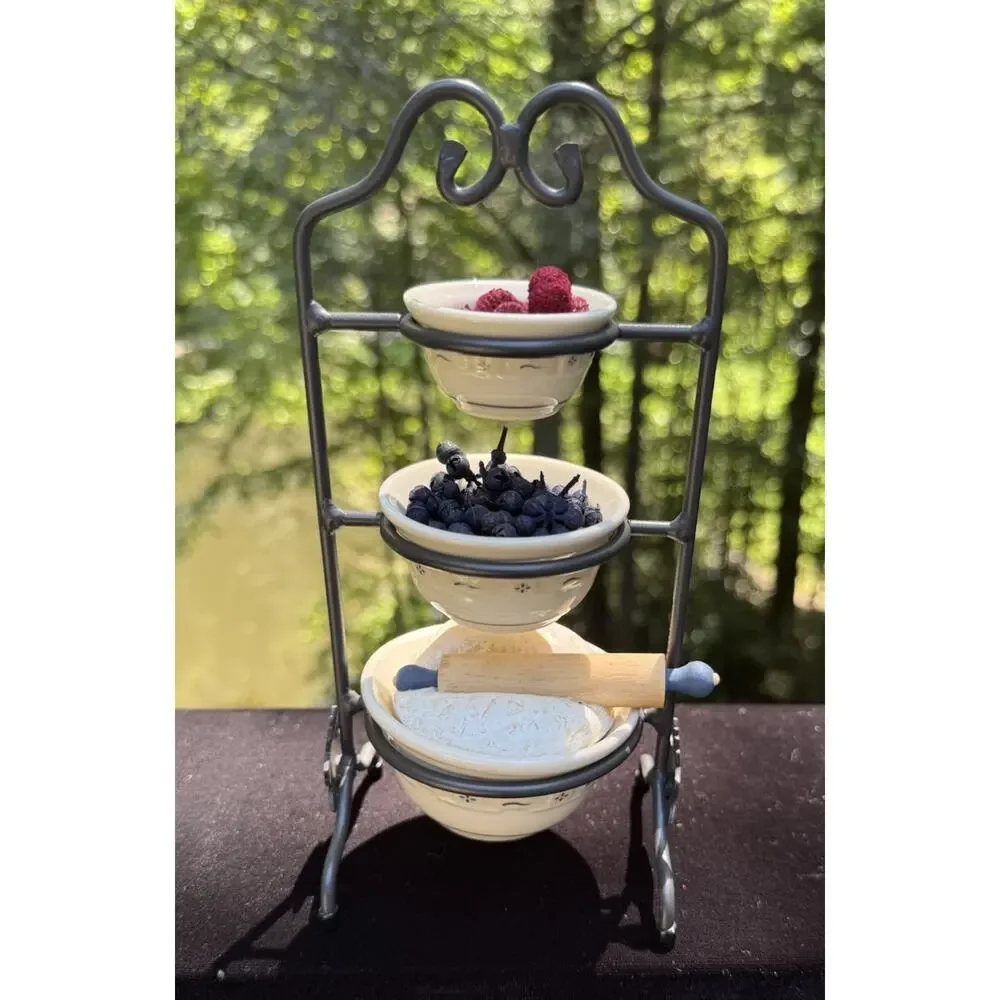 Longaberger Pottery Miniature Mixing Bowls Berries Dough Wrought Iron Stand Mint